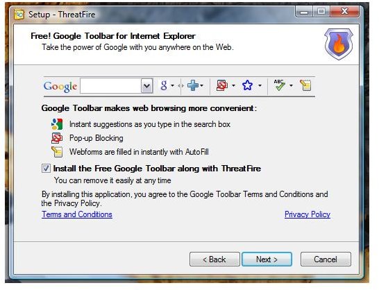 Google Toolbar bundled in ThreatFire installer