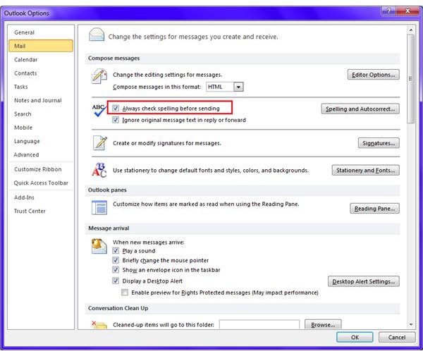 Fig 5 - Microsoft Outlook for Email Tutorial - Enable Spell Check