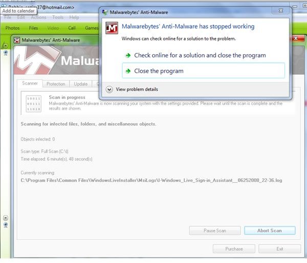 Malwarebytes Quits Scanning Log Files of Windows Live Mail