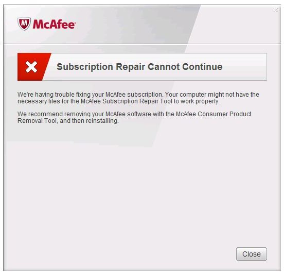 McAfee cannot repair subscription