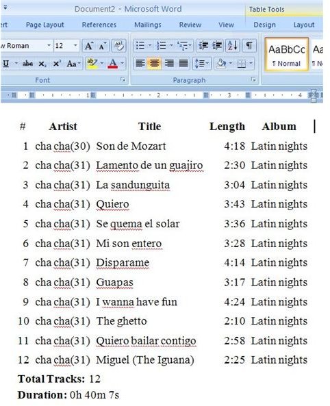 Song List Edited in Word