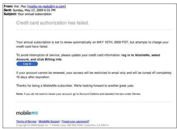 Phishing Example: MobileMe Email Phishing