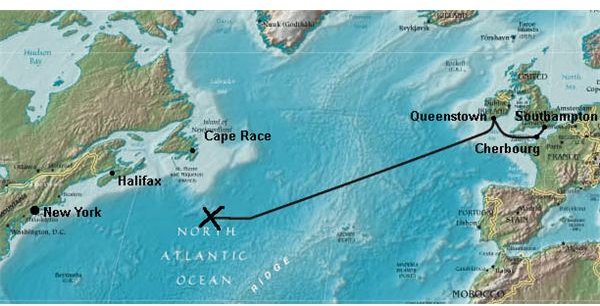 Location of Titanic sinking on maiden voyage from Wiki Commons by DFoerster and CodemanX