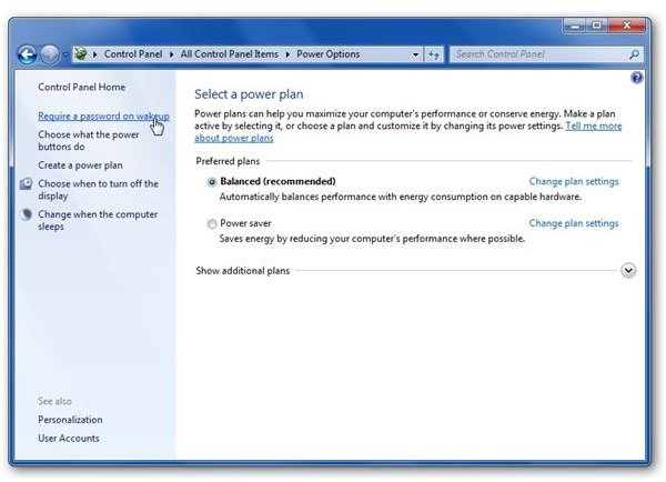 how to require password after sleep windows 7