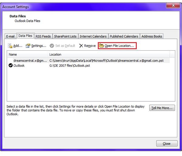 Fig 4 - Backup Outlook Email Accounts - Open Data File Location