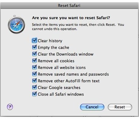 Reset Dialog Box Options in Safari