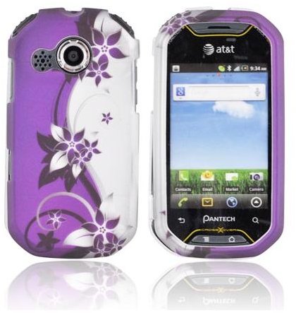 Pantech Crossover P8000 Rubberized Plastic Case - Purple Flowers & Vines on Silver