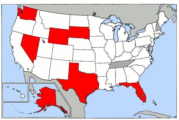 Map of USA highlighting states with no income tax on wages