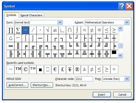 Symbols in Word 2007 and 2010