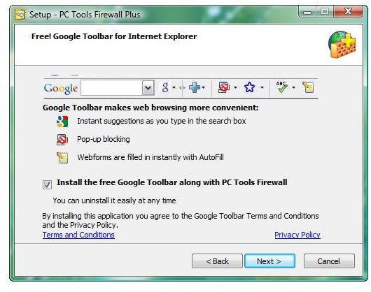 Google Toolbar Bundled in PC Tools Firewall Plus 7