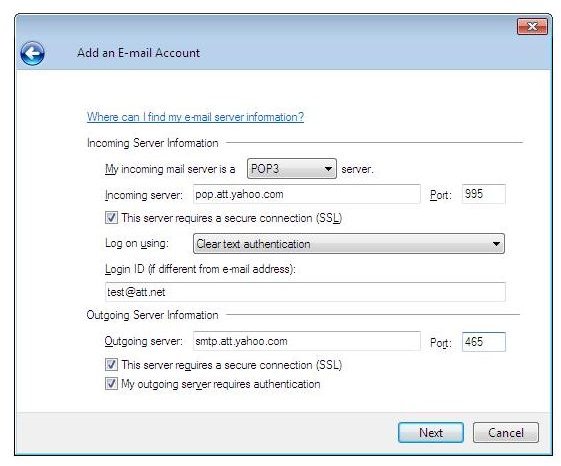 att yahoo smtp not working outlook