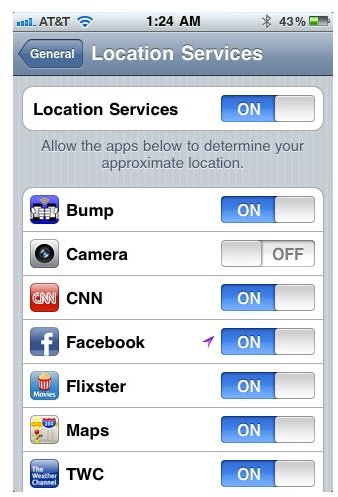 Location Services Menu Options screenshot