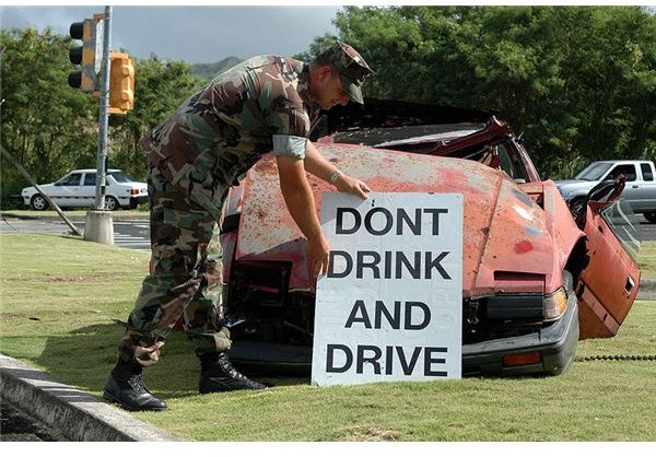 U.S. Navy Master-at-Arms 1st Class Robert C. Tempesta places a ^ldquo,Don^rsquo,t Drink and Drive^rdquo, sign in front of a wrecked car outside the front gate of U.S. Naval Base Guam