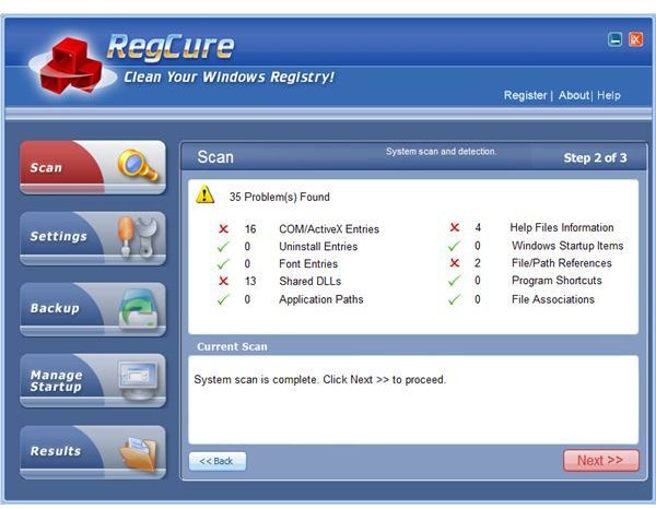 Registry scan result using RegCure