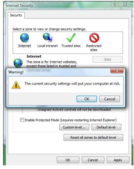 Warning when disabling Protected Mode in IE