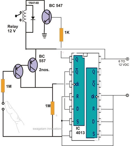 Simple Touch Operated Switch Circuit Diagram Using IC 4013, Image