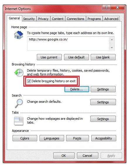 Fig 4 - Delete Browsing History on Exit in IE9