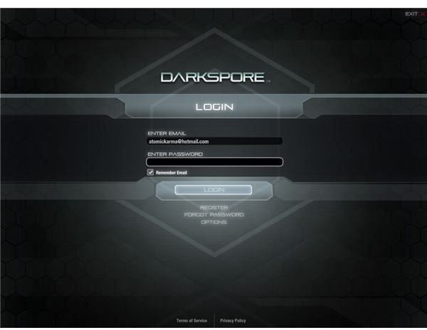 The Darkspore login screen